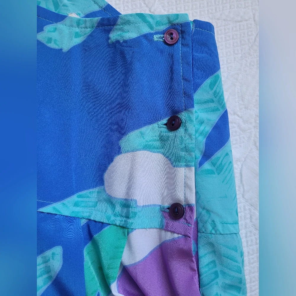 Malia Women's Flowy Skirt Colorful Aqua Watercolor Silky Polyester Buttons 8 - Picture 6 of 12